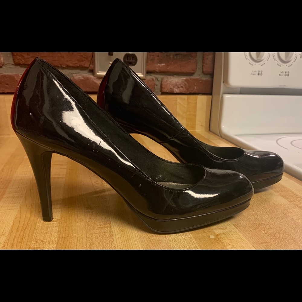 Black patent leather platform spike heels
